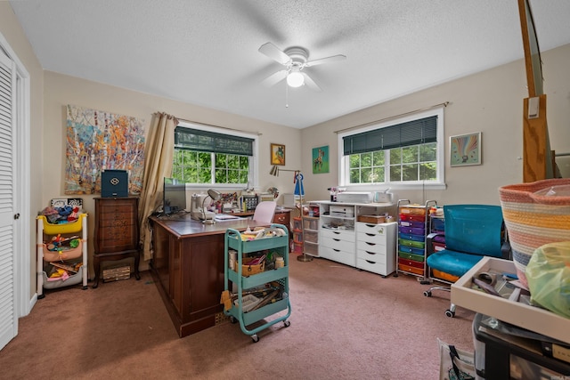 office space with ceiling fan, a wealth of natural light, light colored carpet, and a textured ceiling