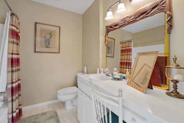 full bathroom with toilet, vanity, tile patterned floors, and shower / bath combination with curtain