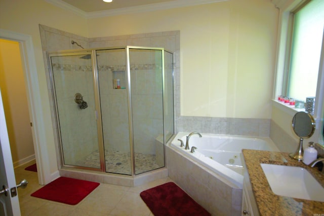 bathroom with tile patterned flooring, shower with separate bathtub, vanity, and ornamental molding