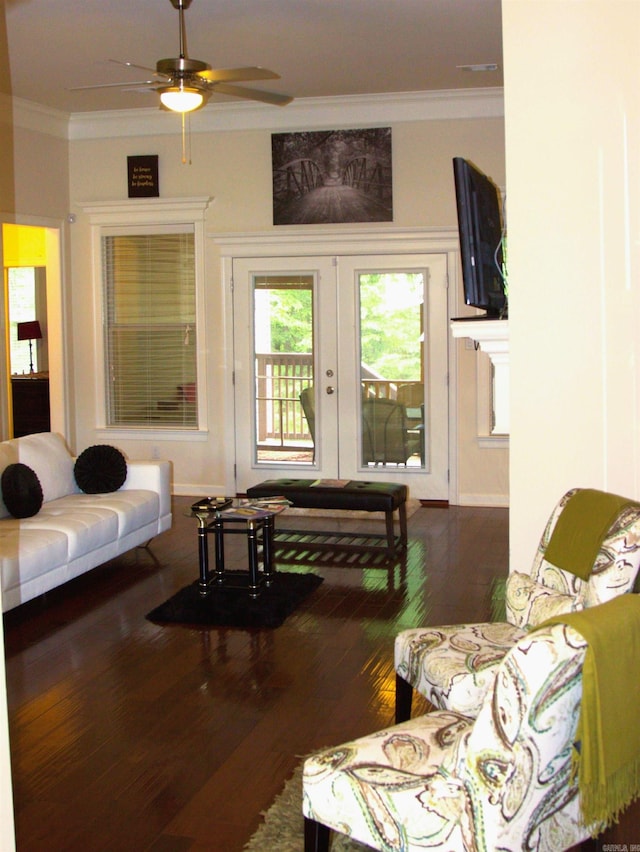 living room with french doors, hardwood / wood-style flooring, ceiling fan, and ornamental molding