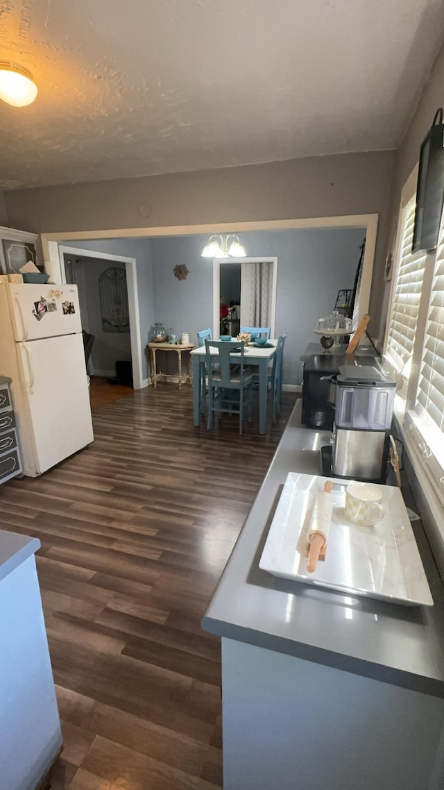 kitchen featuring white refrigerator and dark hardwood / wood-style floors