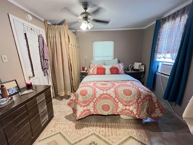 bedroom featuring ornamental molding, ceiling fan, and cooling unit