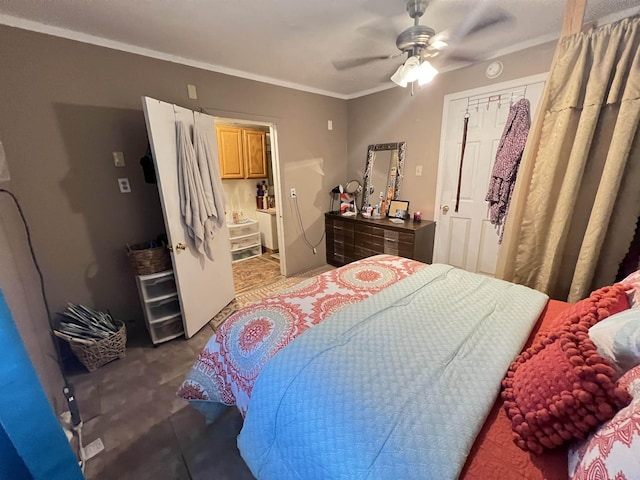 bedroom featuring ceiling fan and ornamental molding