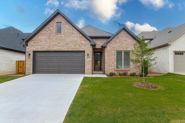 view of front of home with a garage and a front lawn