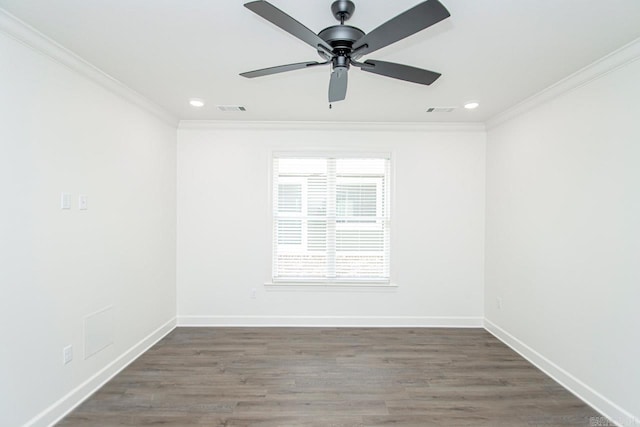 unfurnished room with crown molding, dark hardwood / wood-style flooring, and ceiling fan