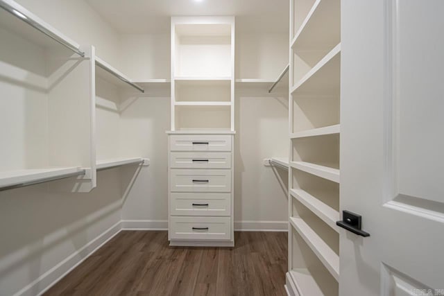 walk in closet with dark hardwood / wood-style floors