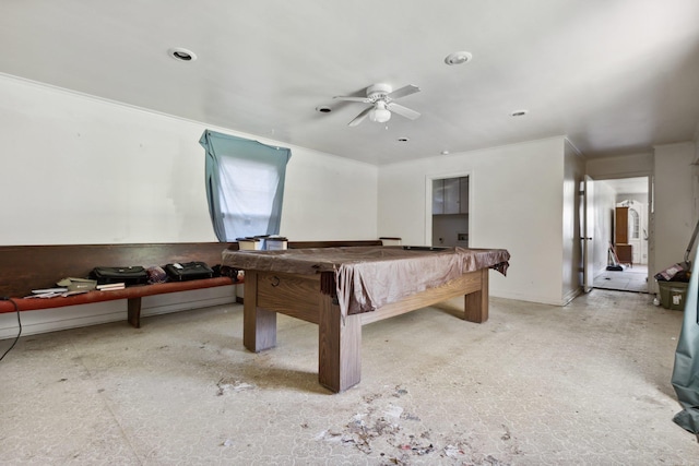 playroom with ceiling fan and billiards