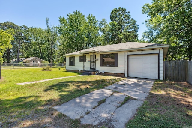 single story home with a front yard and a garage