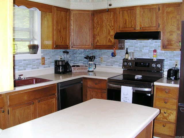 kitchen featuring decorative backsplash, electric range oven, sink, and black dishwasher