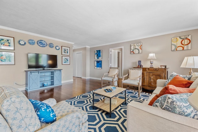 living room with ornamental molding and dark hardwood / wood-style floors