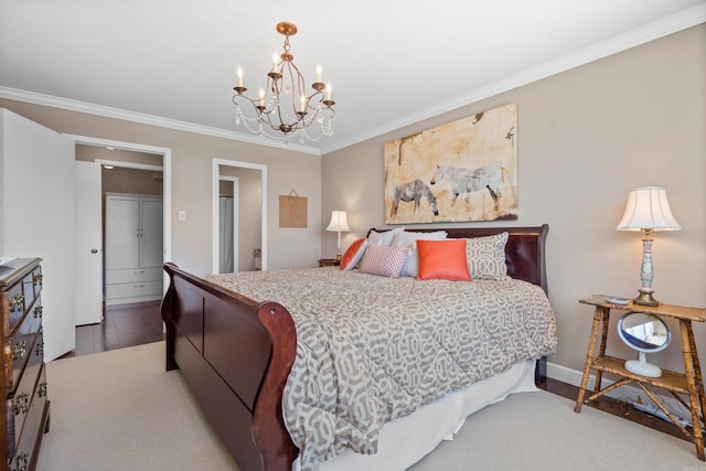 bedroom with wood-type flooring, ornamental molding, and a chandelier