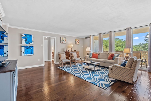 living room featuring dark wood-type flooring, expansive windows, and crown molding