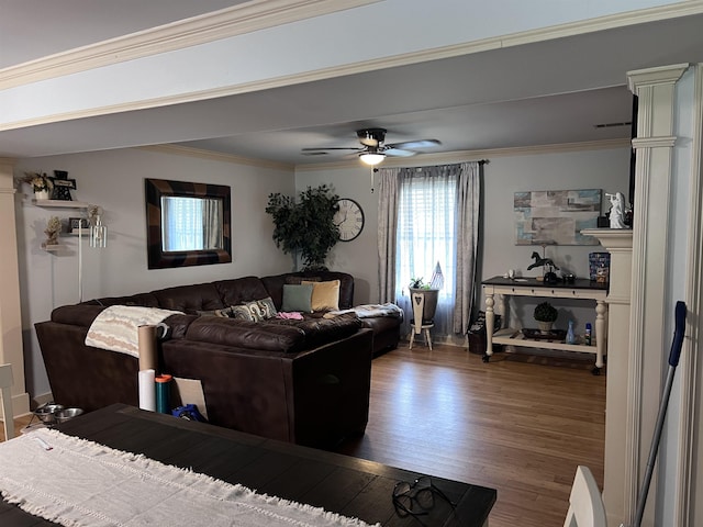 living room with crown molding, dark hardwood / wood-style floors, and ceiling fan