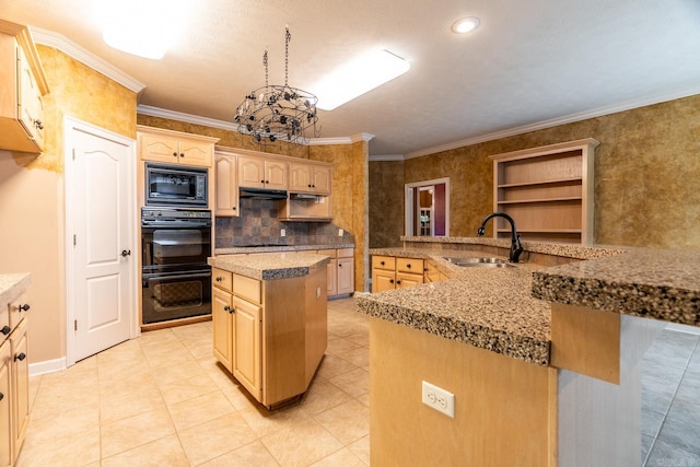 kitchen featuring a center island, sink, light brown cabinetry, black appliances, and ornamental molding