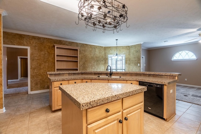 kitchen featuring sink, a center island, crown molding, and black dishwasher