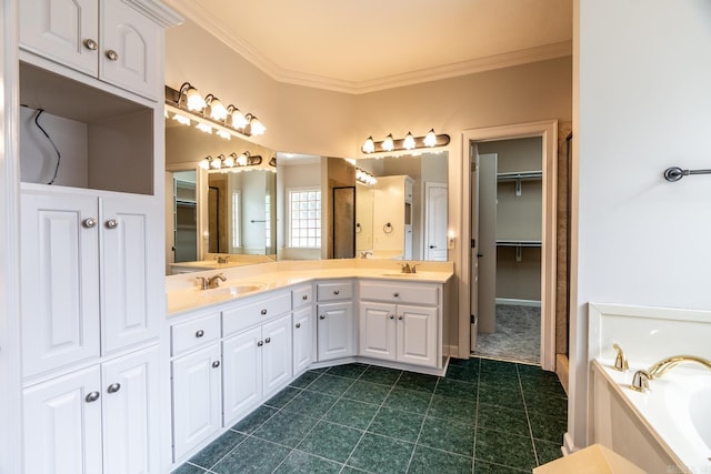 bathroom with vanity, a bathtub, and ornamental molding