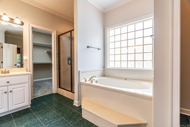 bathroom featuring independent shower and bath, crown molding, vanity, and a healthy amount of sunlight