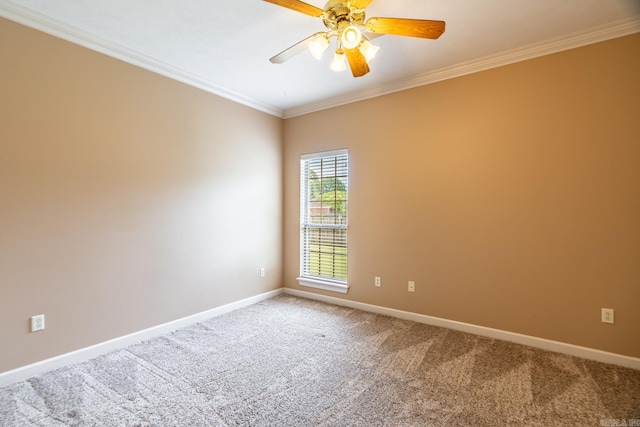 unfurnished room featuring carpet flooring, ceiling fan, and ornamental molding