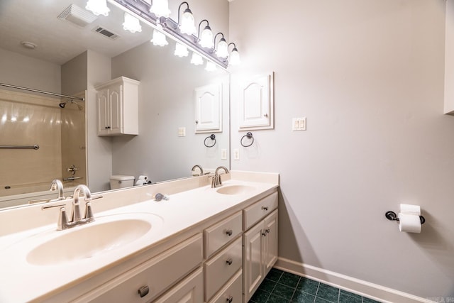 full bathroom featuring vanity,  shower combination, and toilet