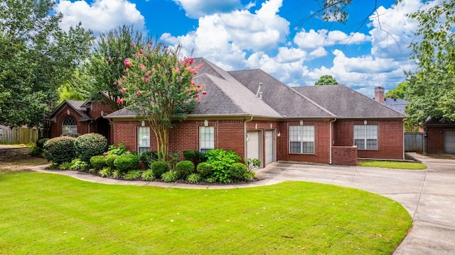 view of front of home featuring a front yard and a garage