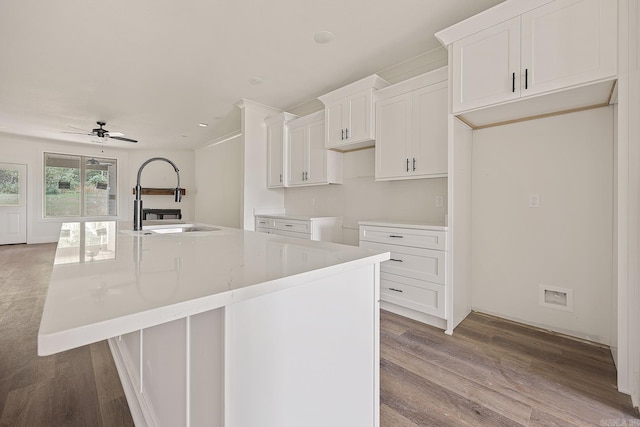 kitchen featuring ceiling fan, hardwood / wood-style flooring, sink, and an island with sink