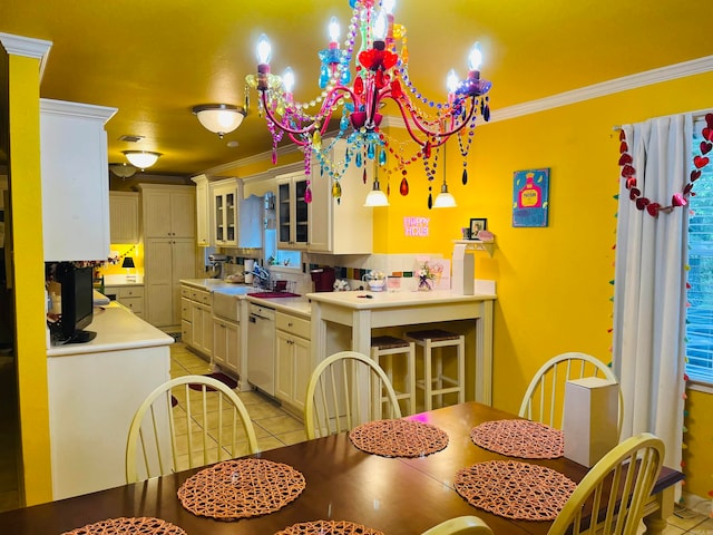 dining room featuring a notable chandelier, light tile patterned floors, and ornamental molding