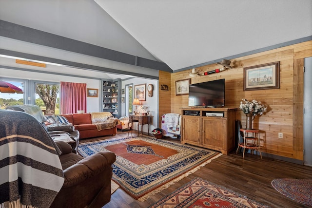 living room with lofted ceiling, dark hardwood / wood-style floors, and wood walls