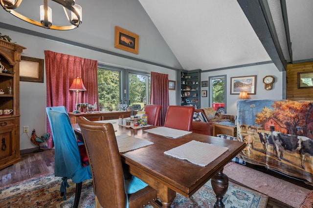 dining room with vaulted ceiling, dark hardwood / wood-style floors, and an inviting chandelier