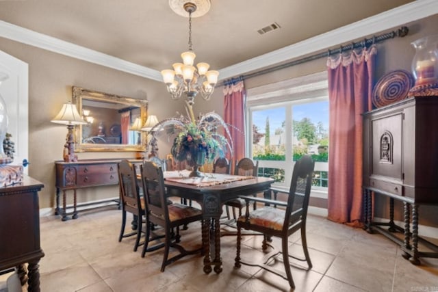 tiled dining room featuring a chandelier and ornamental molding