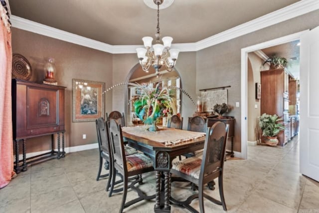 dining space featuring an inviting chandelier and ornamental molding