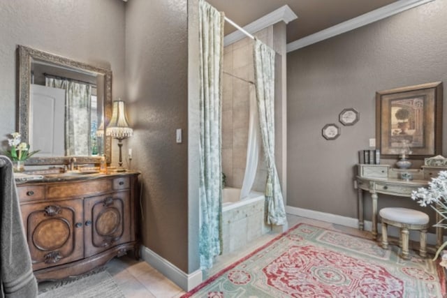 bathroom with tile patterned flooring, shower / bath combo with shower curtain, ornamental molding, and vanity