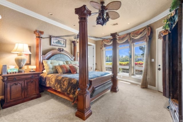 carpeted bedroom featuring ceiling fan, ornamental molding, and access to outside