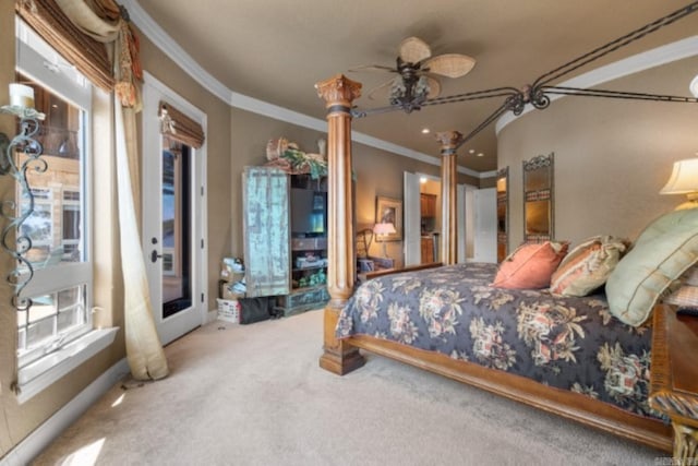 bedroom featuring carpet, ceiling fan, and ornamental molding