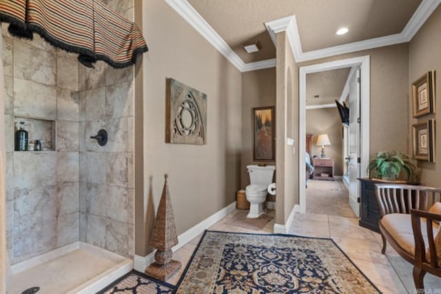 bathroom with toilet, walk in shower, and crown molding