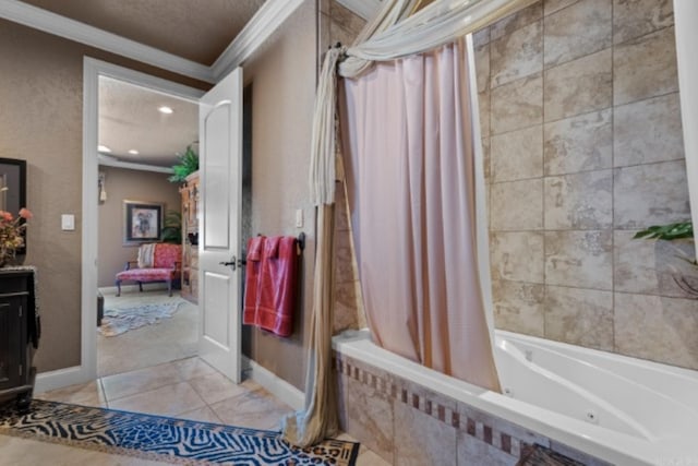 bathroom featuring a textured ceiling, shower / bathtub combination with curtain, and crown molding