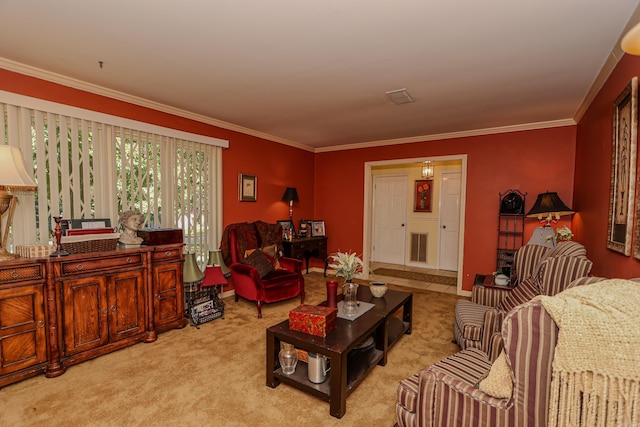 living room with light colored carpet and ornamental molding