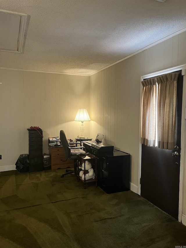 interior space with wood walls, carpet floors, and a textured ceiling