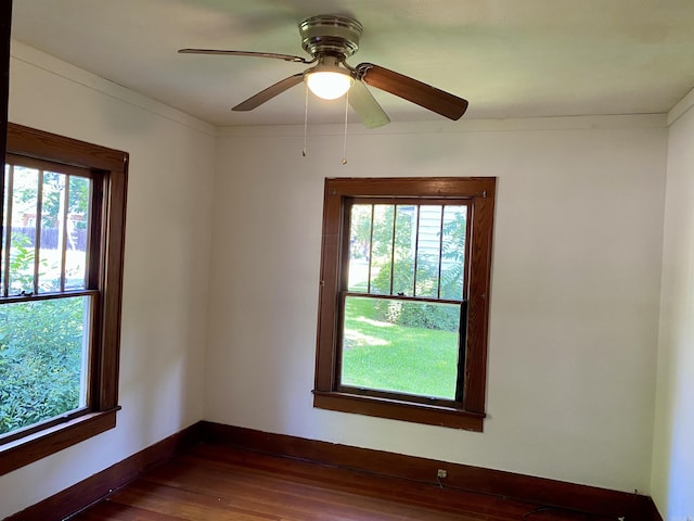 unfurnished room with dark hardwood / wood-style floors, ceiling fan, and ornamental molding