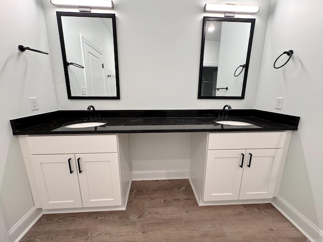 bathroom with dual vanity and hardwood / wood-style floors