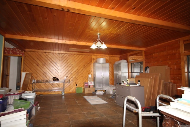 152 Hempstead 336, Mccaskill, AR 71847 - miscellaneous room with wooden ceiling with exposed beams, wood walls, and tile patterned floors
