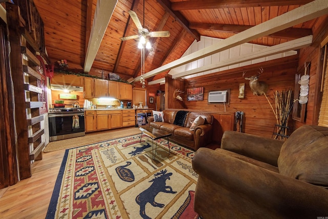 living room featuring wood walls, beam ceiling, light hardwood / wood-style flooring, and wooden ceiling