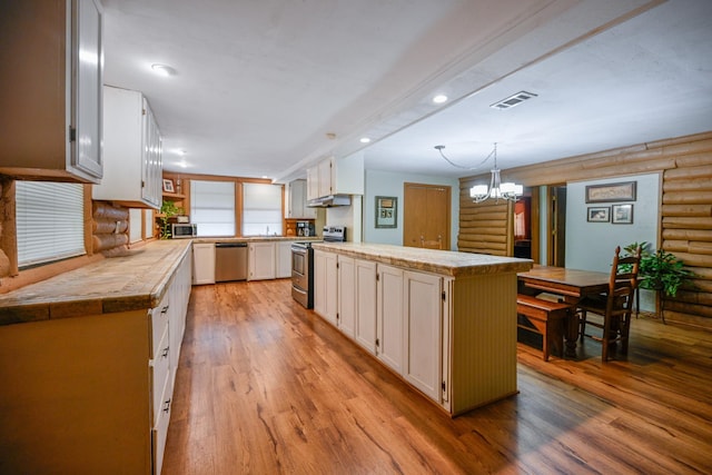 kitchen with a kitchen island, white cabinetry, hanging light fixtures, stainless steel appliances, and light wood-type flooring