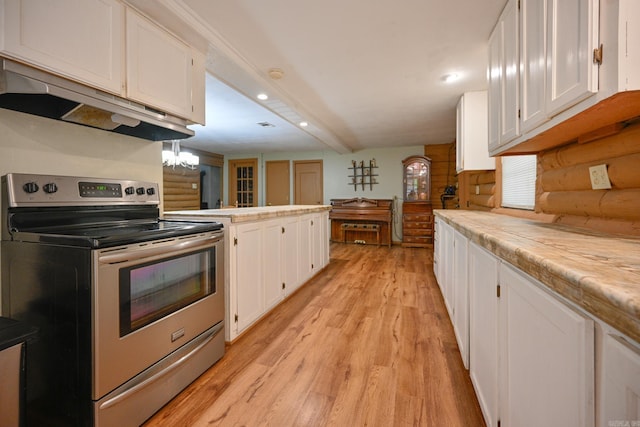 kitchen featuring electric stove, white cabinetry, light stone counters, light hardwood / wood-style floors, and kitchen peninsula