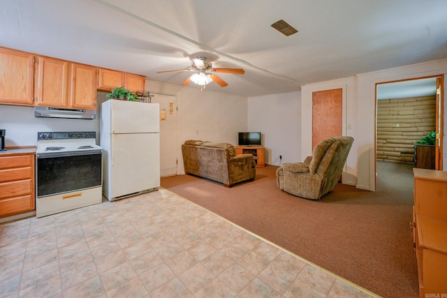 kitchen featuring light carpet, white appliances, ceiling fan, and light brown cabinets