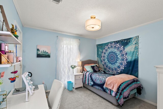 bedroom featuring crown molding, light colored carpet, and a textured ceiling