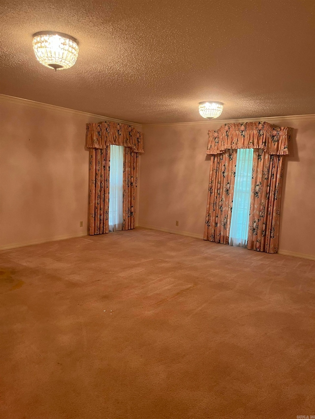 carpeted spare room featuring ornamental molding and a textured ceiling