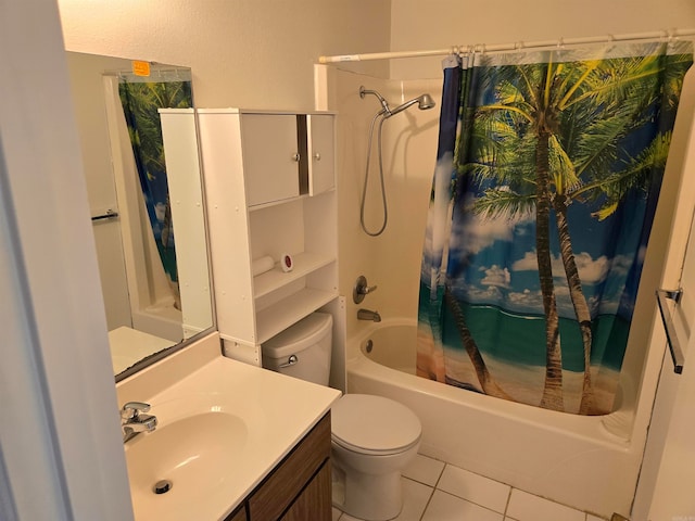 full bathroom with toilet, tile patterned floors, shower / bathtub combination with curtain, and vanity