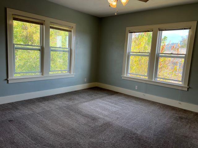 carpeted spare room with ceiling fan