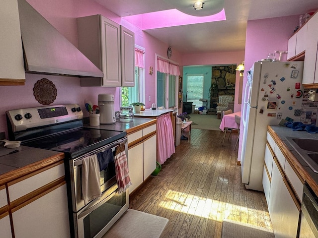 kitchen featuring white cabinets, wood-type flooring, stainless steel appliances, and wall chimney range hood