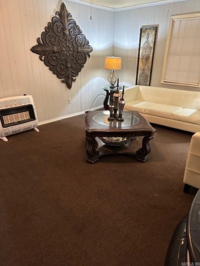 living area featuring carpet floors, baseboards, ornamental molding, and heating unit